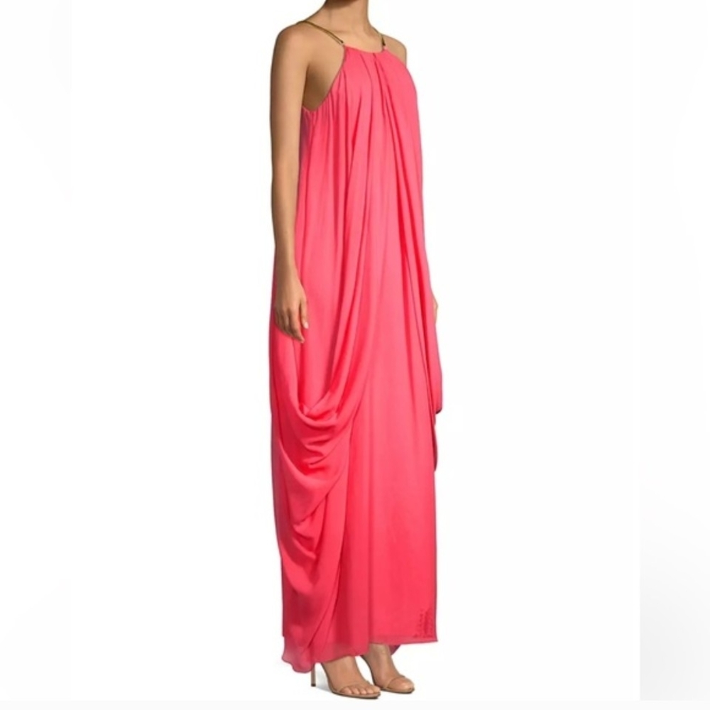 Trina Turk Blue Lagoon Maxi Dress Bright Pink Gold Straps 100% silk Sz 10 - Picture 2 of 6